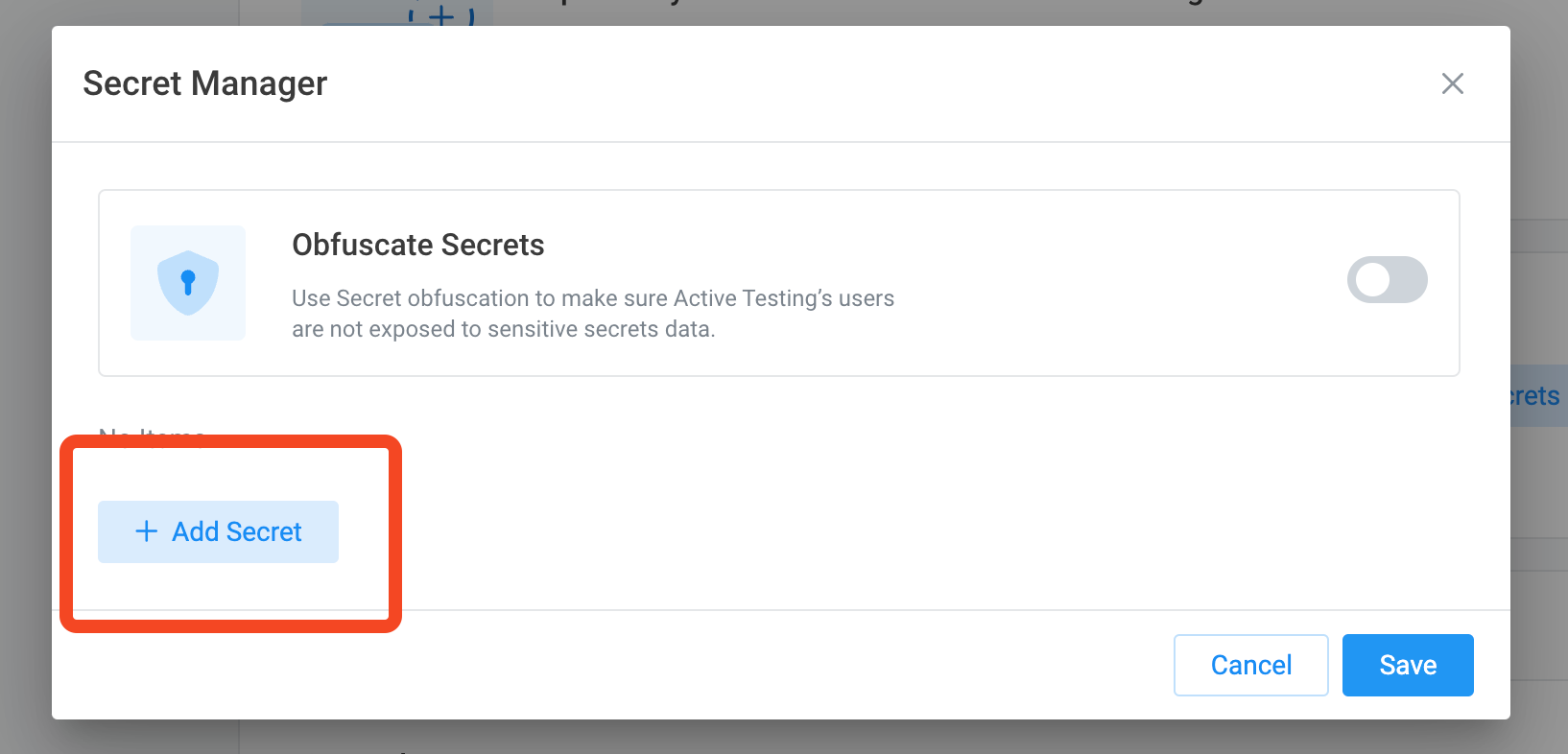 Screenshot of add secret button